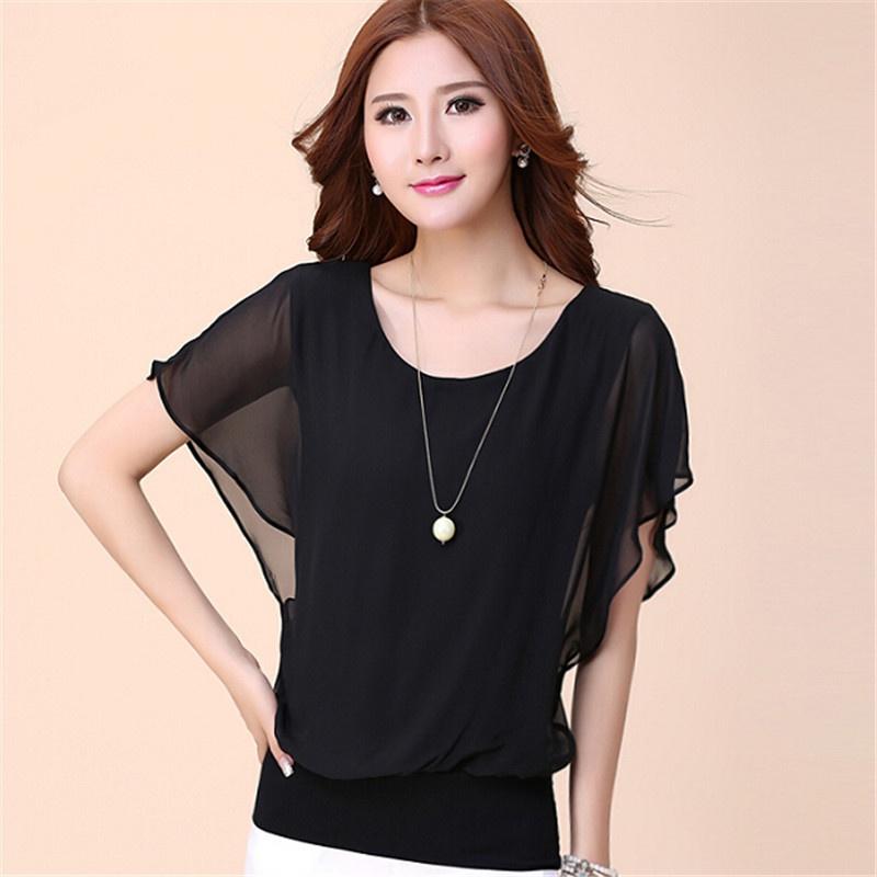 Luxurious Plus Size Chiffon Blouse With Elegant Ruffle Batwing Short Sleeves