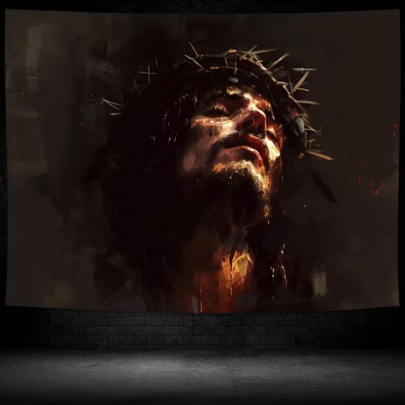 2D Christian Jesus Religious Tapestry Dark Art Portrait Wall Decor Cloth for Home & Bedroom