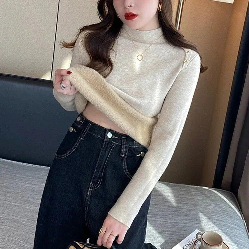 Casual Long Sleeve Soft Warm Sweater Women Fashion Stand Collar Base Pullover Women Autumn And Winter Thickened Knitwears Tops 29602