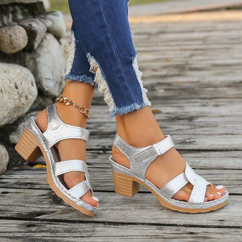 New sandals spring and summer high-heeled sandals leak toe cross strap Velcro high-heeled large-size sandals