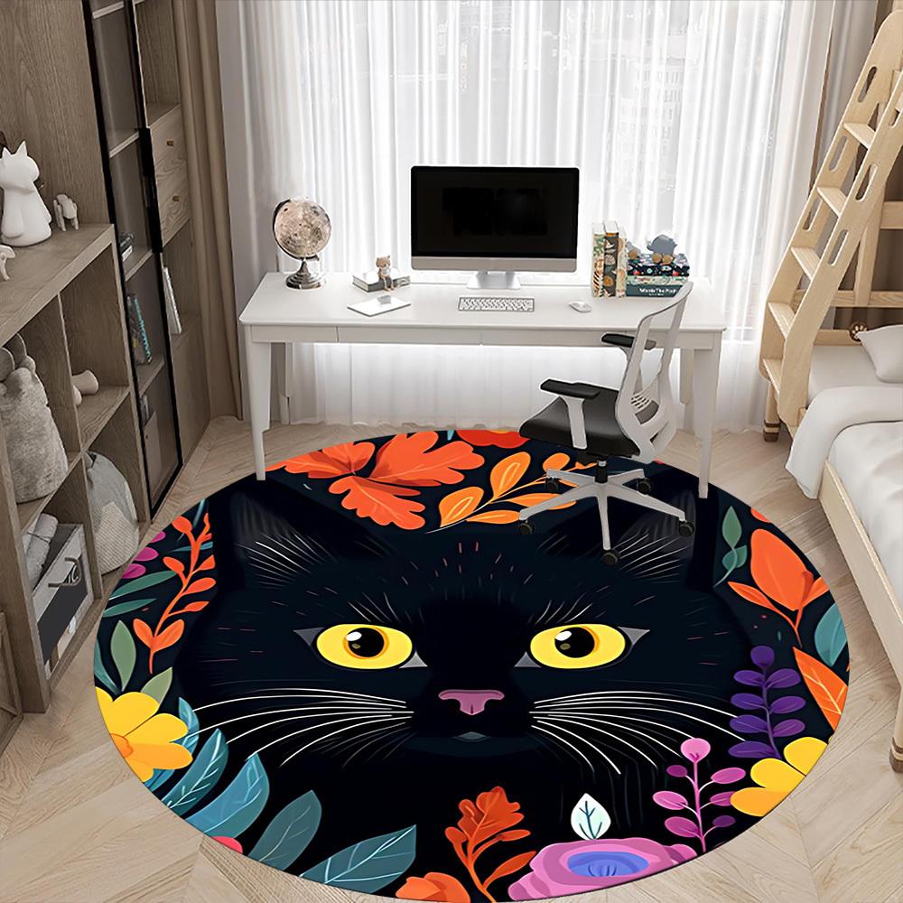 1PC Cat Flowers Office Round Area Rug, Mat Suitable For Office, Under Office Chairs Bedroom Living Room Home Decor, Room Deco