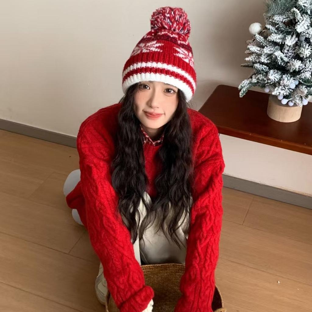 New Year Red Knit Hat Christmas Warm Ear Hat Sweet Hairball Wool Hat