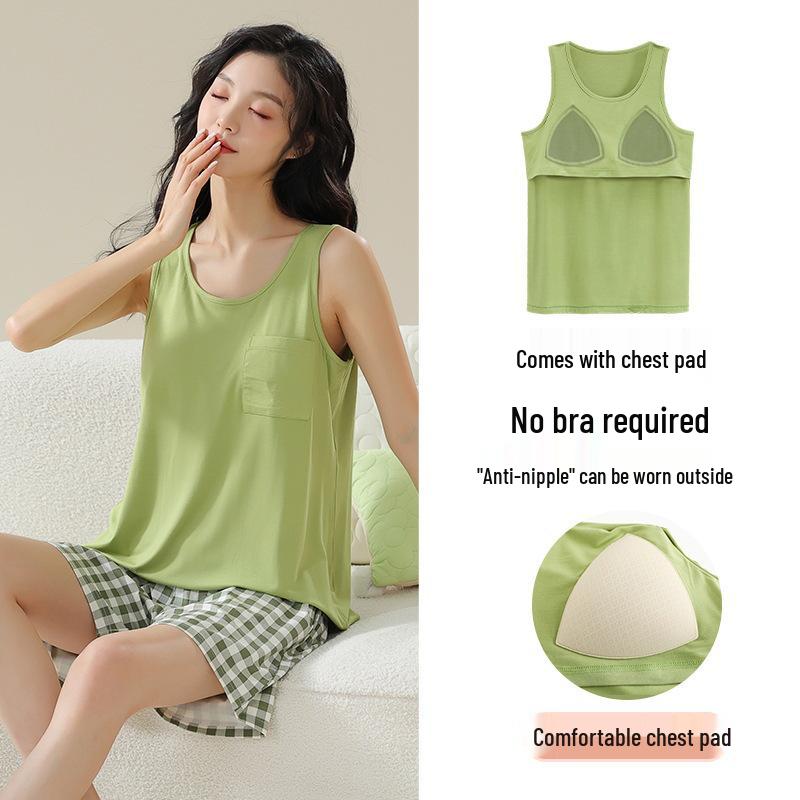 

Женский летний милый пижамный комплект с нагрудными вкладышами - Прохладный, свободный, с короткими рукавами и шортами XL (57.5-67.5 kg)