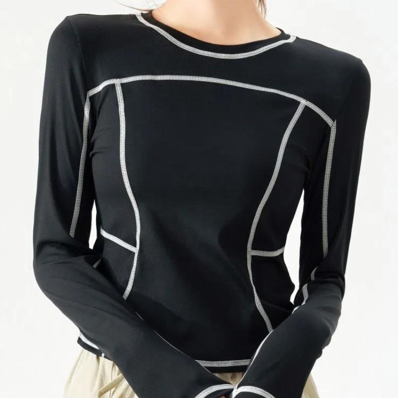 Spring Autumn New Round Neck Long Sleeve Fashion Women High Street Casual Contrast Color Pullovers Quick Drying Tops