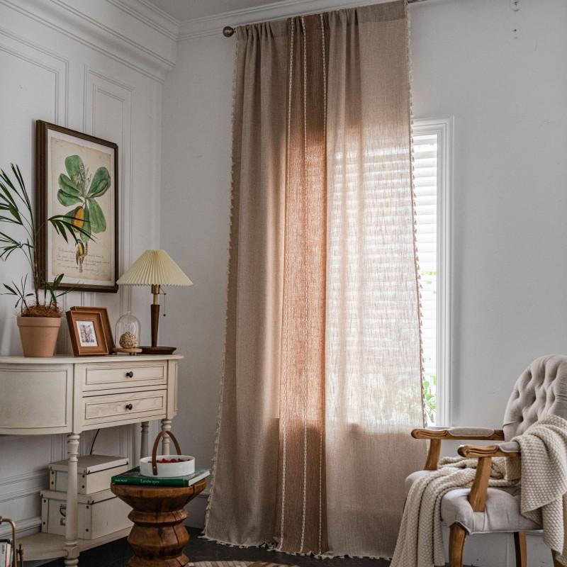 Cotton Embroidered Striped Curtain With Fringe Trim Semi-Sheer Kitchen Living Room Bay Window Modern Farmhouse Style