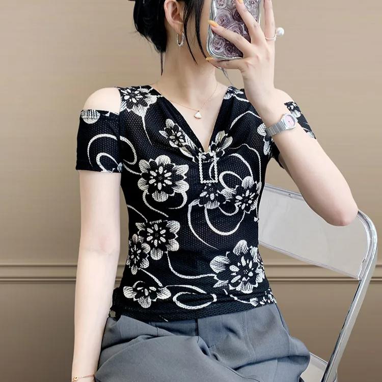 Summer Off Shoulder Women's Print Flower T-Shirt Sexy V-Neck Hot Diamonds Tops Chic Short Sleeve Fashion Blouse