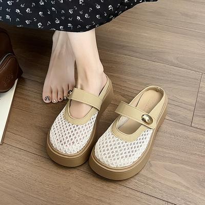 Hollow Fishing Net Crocheted Word Belt Mary Jane Single Shoes Women's Summer 2025 New Round Head Flat Ballet Shoes