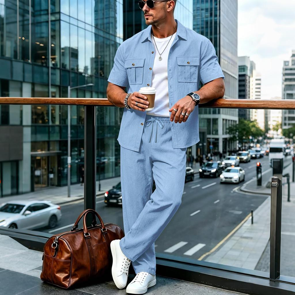 Men's Casual Linen Beachwear Set: Short Sleeve Shirt & Long Pants with Double Pockets