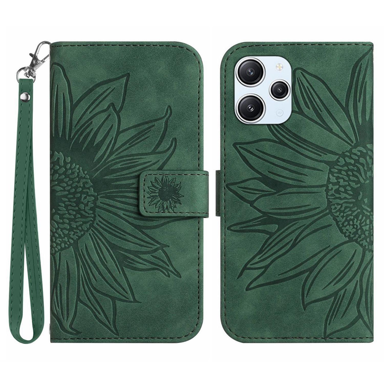 

HT04 For Xiaomi Redmi 12 4G Imprinted Wallet Phone Case Leather Stand Cover with Hand Strap Dark Green