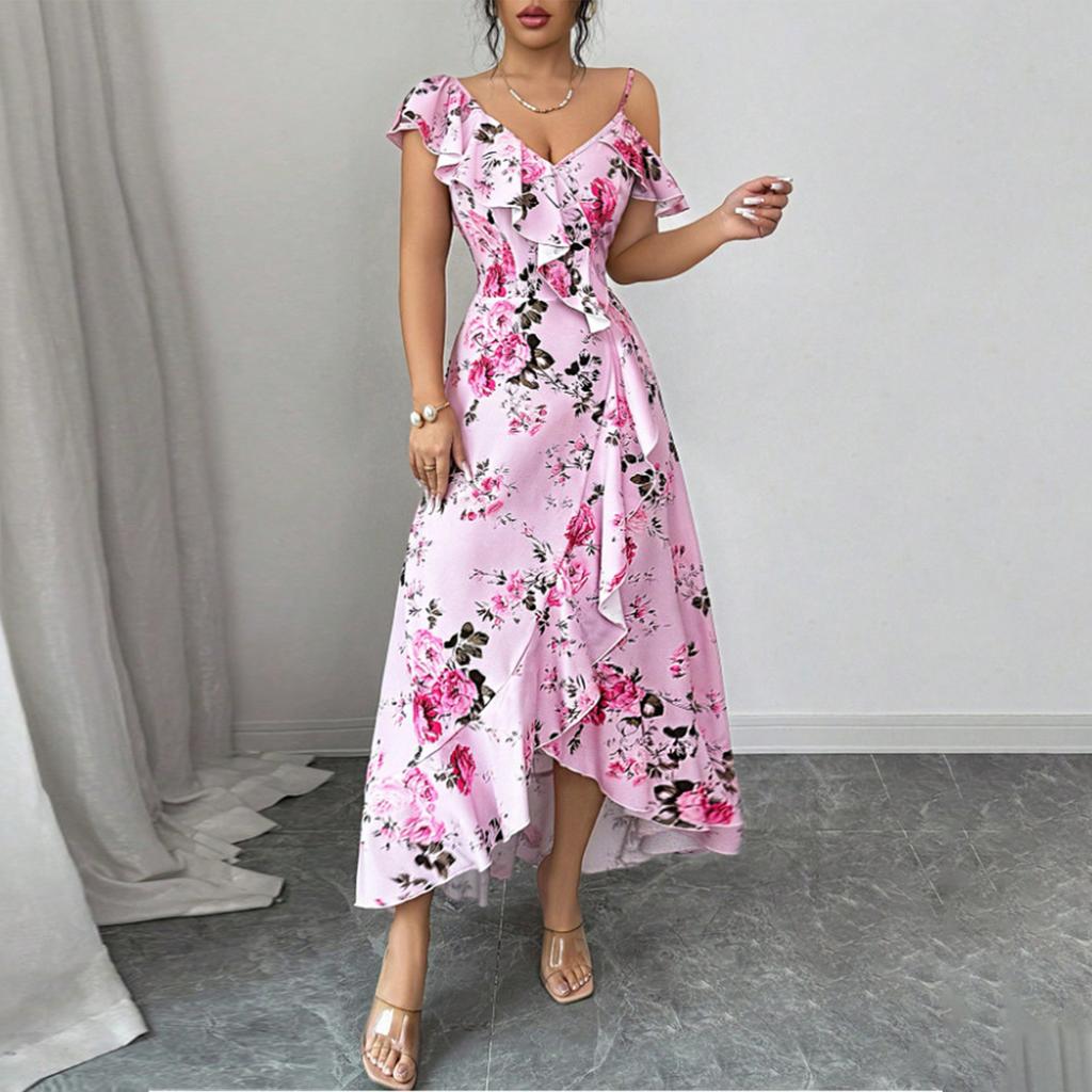 Women's V Neck Floral Print Ruffle Trim Midi Dress Sleeveless Summer Vacation Casual Elegant Dress for Outdoor Events