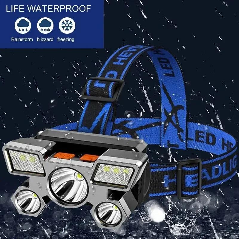 5LED High Power Headlamp, Super Bright Rechargeable Fishing Camping Light, Long Distance Head Mounted Mining Lamp, Flashlight