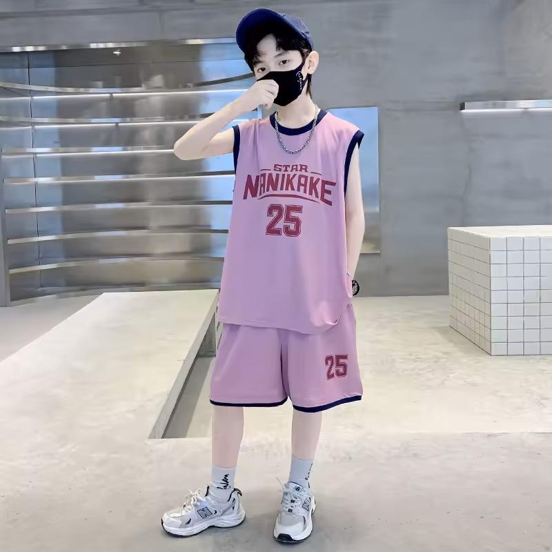 2026 New Children's Summer Fashion Letter Printed Sleeveless T-shirt+Shorts 2-piece Sportswear Youth and Children's Basketball Sports Set