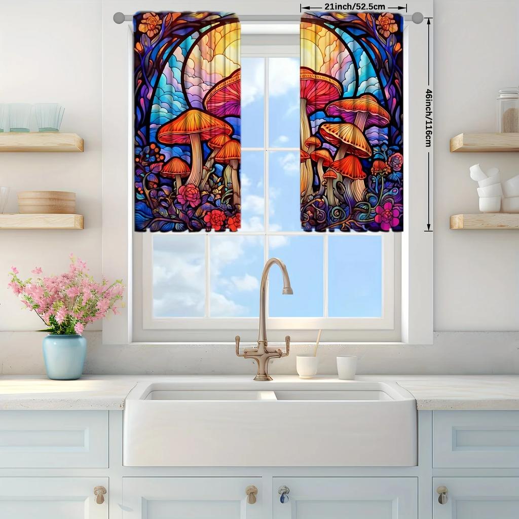 2pcs Colored Glass Mushroom Printed Curtain for Home Decor - Rod Pocket Window Treatment for Bedroom,Office,Kitchen, Living Room