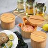 Bamboo Salt Cellar With Mini Spoon Kitchen Salt Box With Lid Pepper Spice Seasonings Salt Jar Storage Container