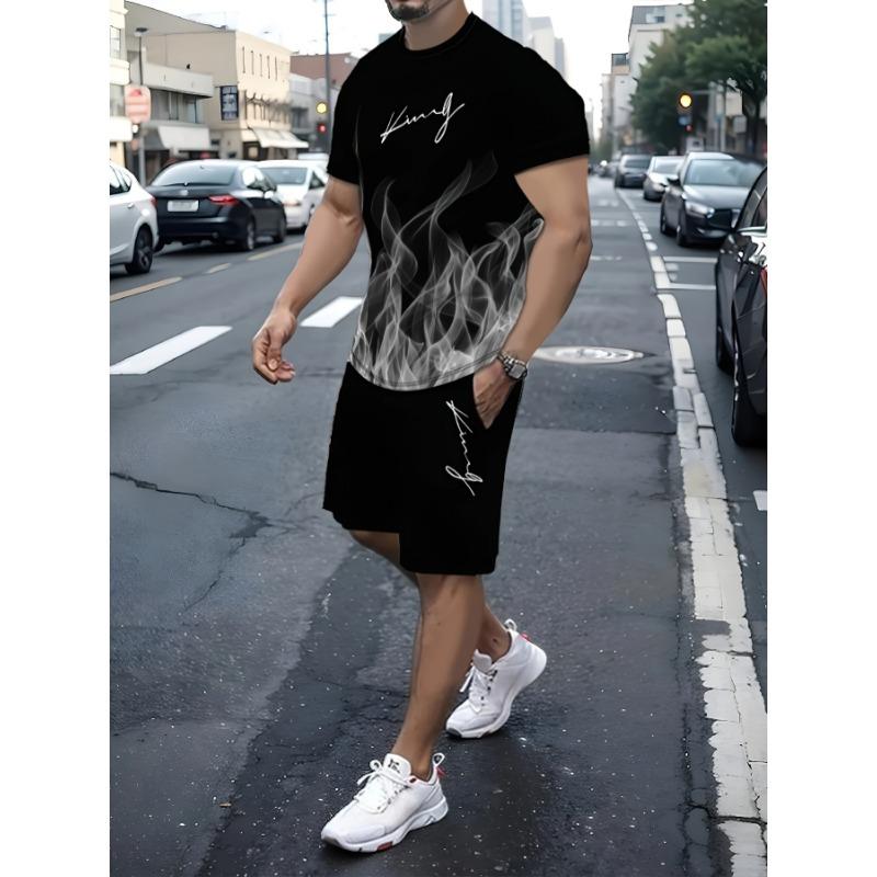 Flame Pattern "King" Print, Men's 2-piece Set, Summer Casual Round Neck Short Sleeved T-shirt and Drawstring Shorts Set, Home and Vacation Outfit
