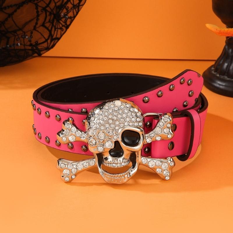 Popular Rhinestones Skull Buckle Belt for Adult Rivet Studded Belt All Matching Western Belt for Daily and Club Wear