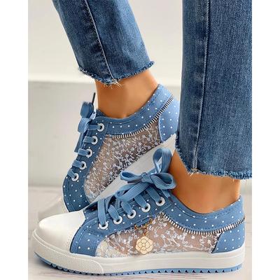 Pünktchen-Spitzen-Flats Damen Freizeitschuhe Schnürung Freizeit Sexy Netz-Kombination Bequem Chaussure Femme Hohl für 2024