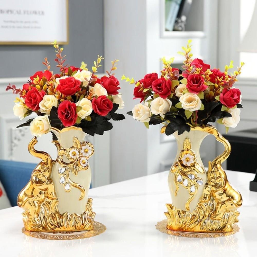 European Style Elephant Vase Modern Flower Container Flower Holder Ceramic Gold Vase  Dining Table