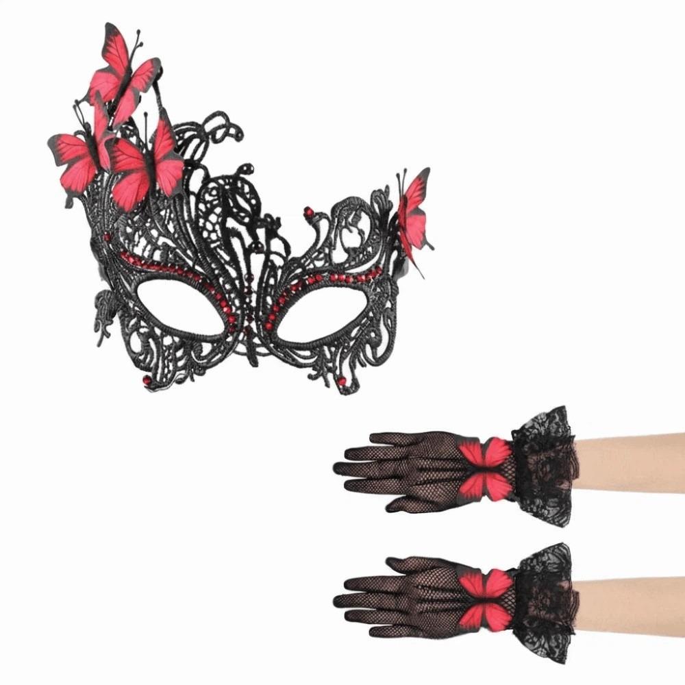 

Lace Rhinestone Butterfly Prom Mask+ Gloves Vintage Elegant Half Face Mask Set Sexy Halloween Lace Masquerade Masks червоний