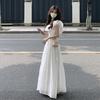Summer vacation style French first love ruffle leaf edge shoulder dress women's small white dress waist thin backless dress