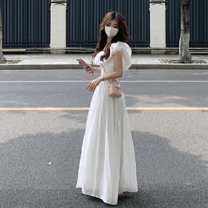 Summer vacation style French first love ruffle leaf edge shoulder dress women's small white dress waist thin backless dress
