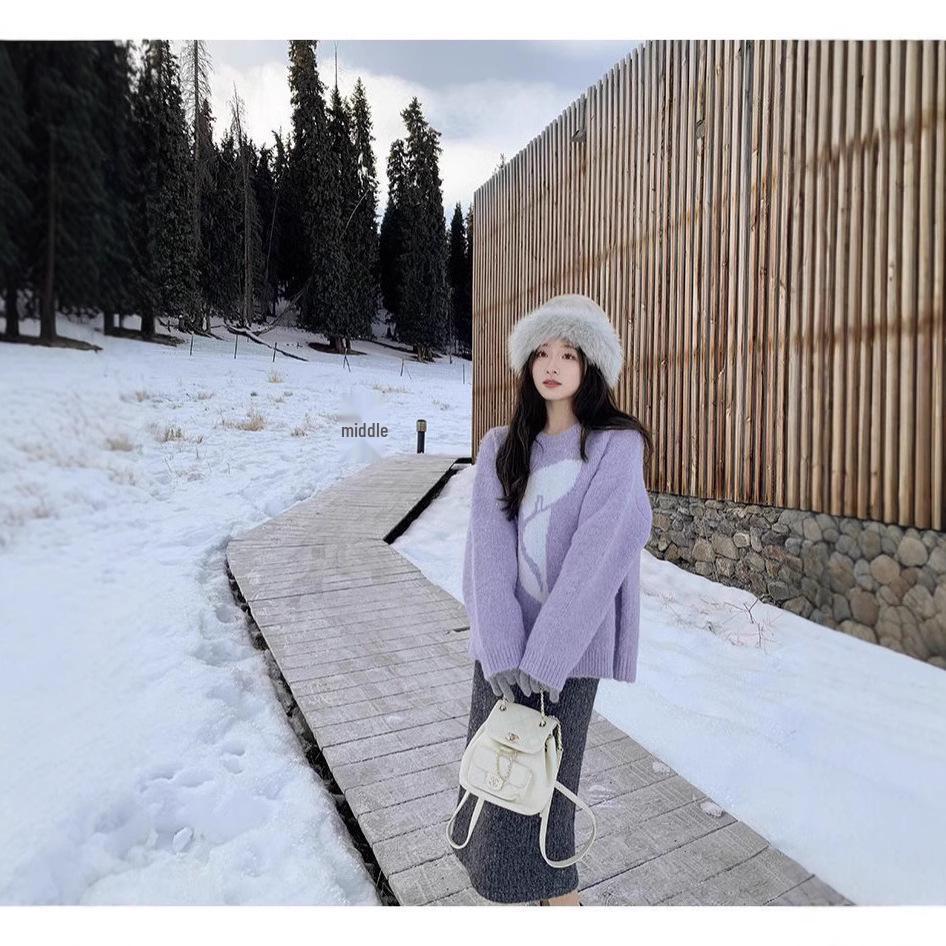 

Purple Autumn/Winter Loose Round Neck Pullover - Versatile, Comfortable, High-End Style One size