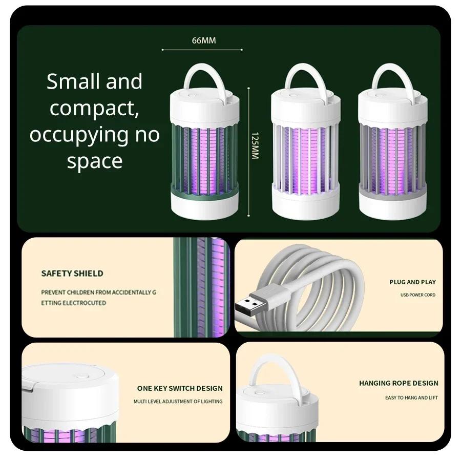 Lampă portabilă electrică anti-țânțari, reîncărcabilă USB, lumină UV, ucigaș de insecte de interior/exterior pentru camping sau casă cu lumină de noapte