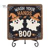 Autumn Festive Decor Halloween Wooden Table Sign, Cute Ghost Boo Plaque Sign with Rustic Fall Bathroom Metal Stand for Indoor Desk Shelf Home