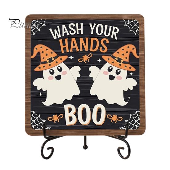 Autumn Festive Decor Halloween Wooden Table Sign, Cute Ghost Boo Plaque Sign with Rustic Fall Bathroom Metal Stand for Indoor Desk Shelf Home