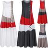 Damen Vintage O-Ausschnitt Ärmellos Color Block Wellenlinie Taschen Langes Lockeres Kleid