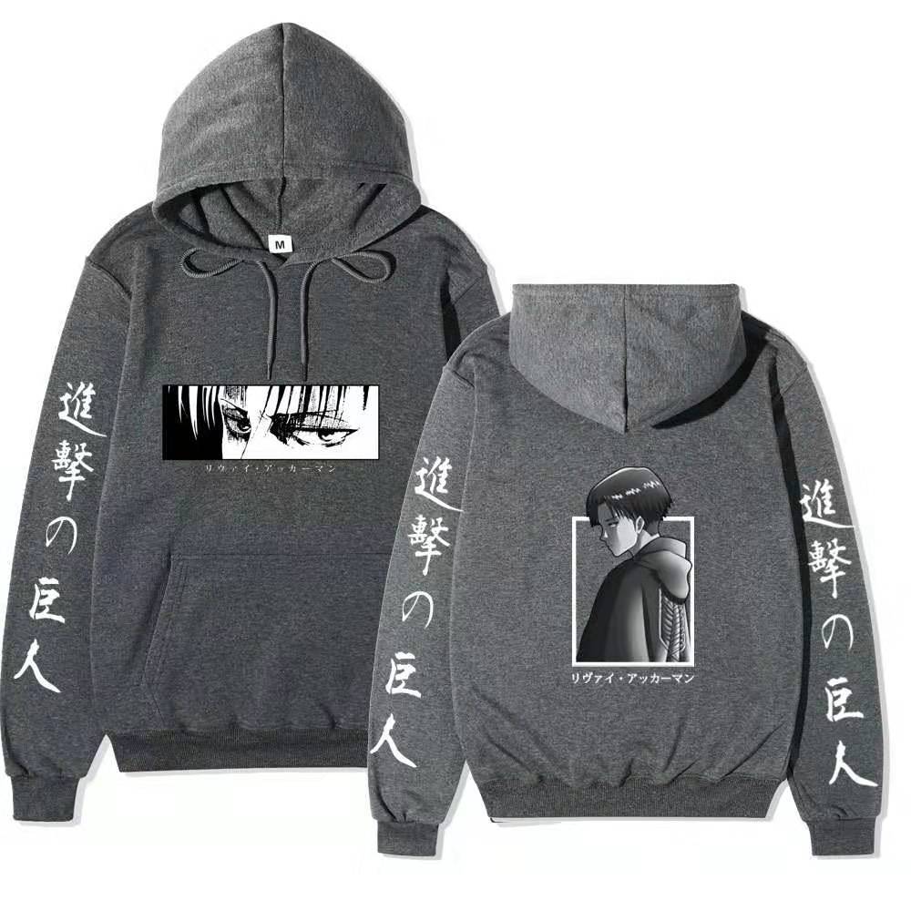 Attack On Titan Levi Ackerman Hoodie Unisex Fleece Sweatshirt Front Manga Eyes Print, Back Levi Portrait, Japanese Sleeve Text Autumn Winter Pullover