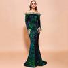 Sequined evening dress women's   new European and American feather long-sleeved banquet party long dress toasting clothes
