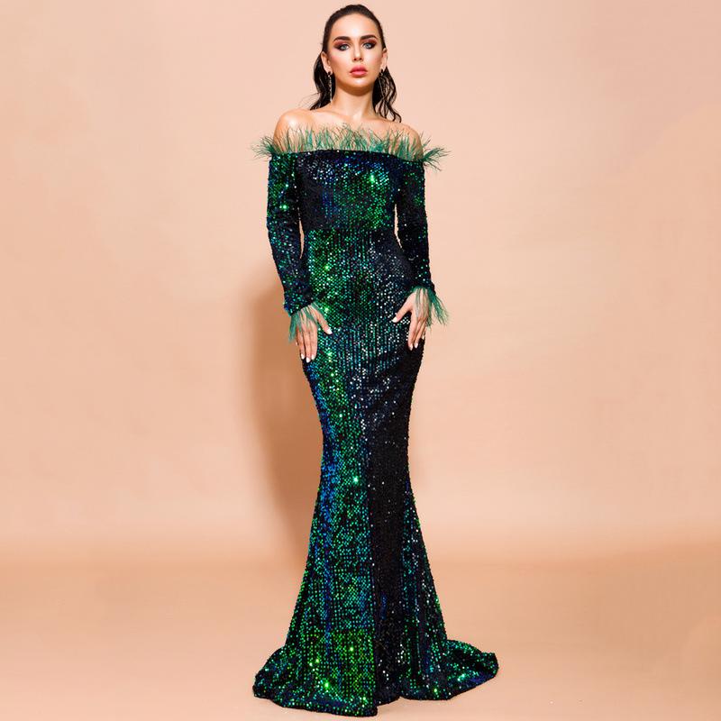 Sequined evening dress women's new European and American feather long-sleeved banquet party long dress toasting clothes