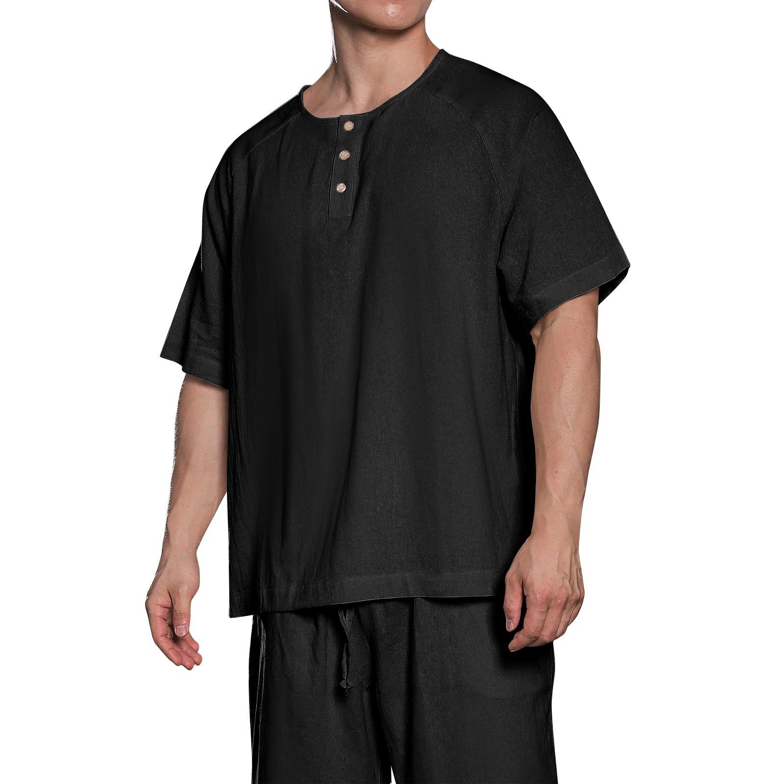 

Мужская однотонная рубашка из хлопка и льна с пуговицами и рукавом четверть, мужские повседневные дышащие топы L чёрный