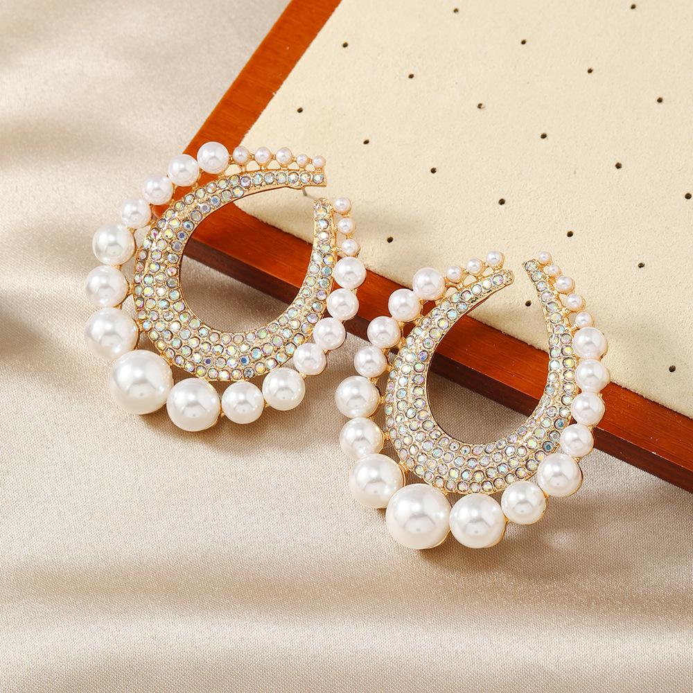 Textured Teardrop Arc Earrings with Pearls & Rhinestones - Retro Stud and Hoop Design