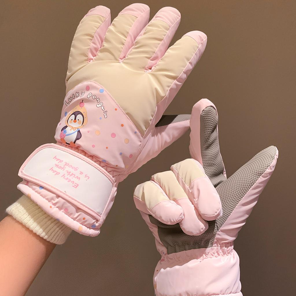 Cute Little Penguin Ski Gloves Girls Fleece Thickened Warm Cold Windproof Waterproof Battery Car