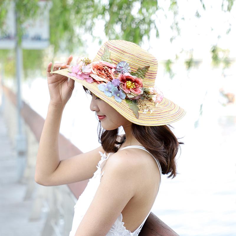 Summer new sunscreen sunshade flower straw hat women's beach travel hand-woven hat foldable big eaves hat