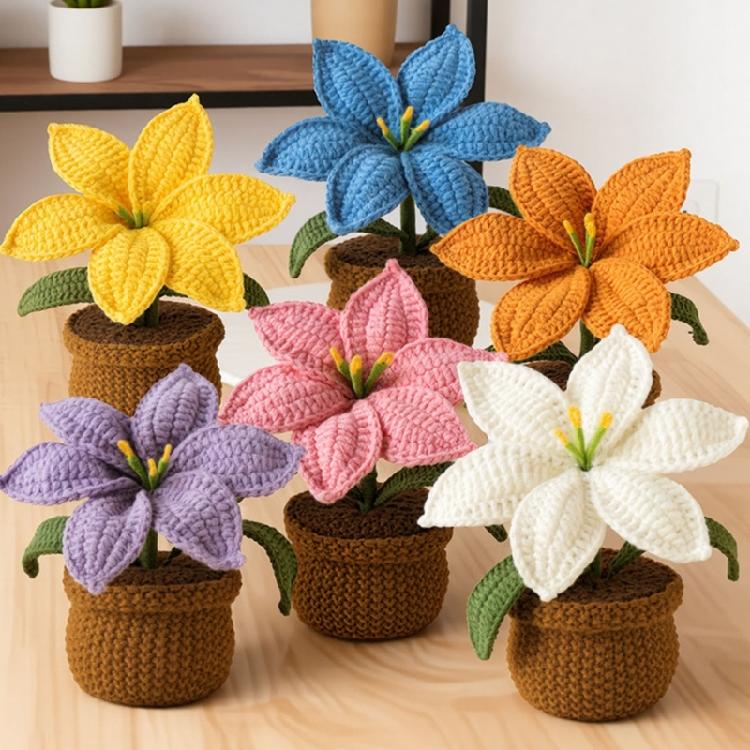 Crocheted Lilies Potted Plant Home Decors Artificial Knitted Flower Pot Ornament for Mother Day Teacher Appreciation Gift