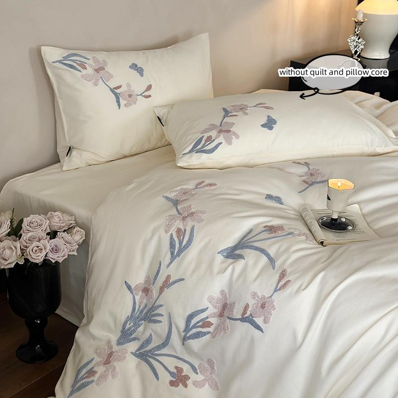 3pcs Elegant Embroidered Orchid Duvet Cover Set (1*Duvet Cover + 2*Pillowcase, Without Core), Lace embroidery Bedding Set