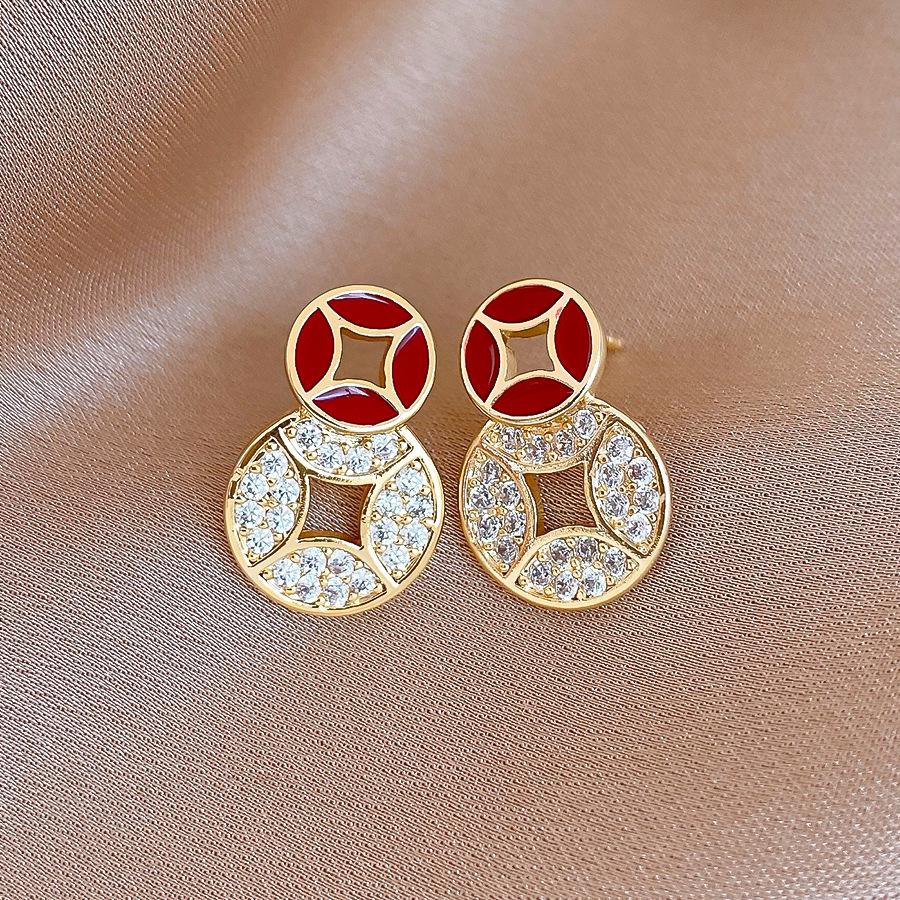 New Chinese zircon geometric dripping copper coin earrings, earrings, exquisite and versatile earrings.
