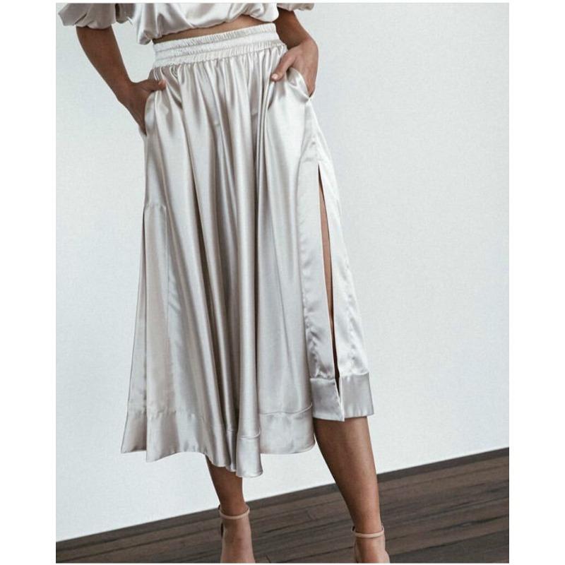 Women's Split Skirt One Line Neckline Satin Sexy Crop Skirt