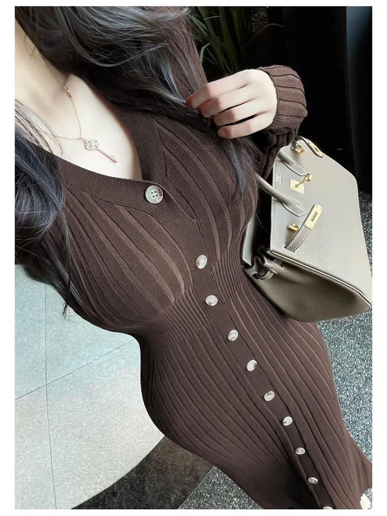 Elegant Slim-Fit Long-Sleeve Korean Knit Dress for Women