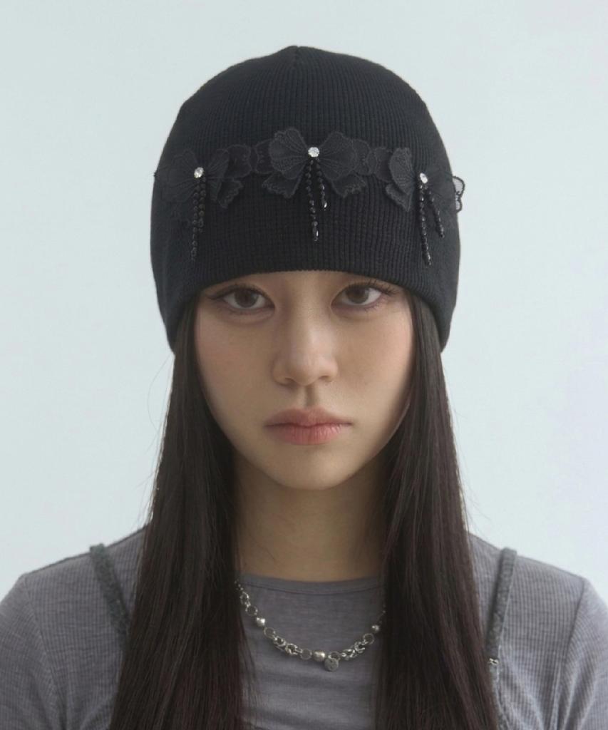Mualeumoa Ribbon Patch Waffle Beanie-Black