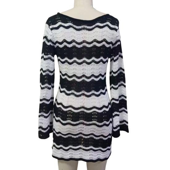 Women's Swimwear Cover-Up Striped Crochet Hollow Out Mesh Beach Dress V-Neck Tie Front Long Sleeve Summer Bathing Suit for Beach Vacation