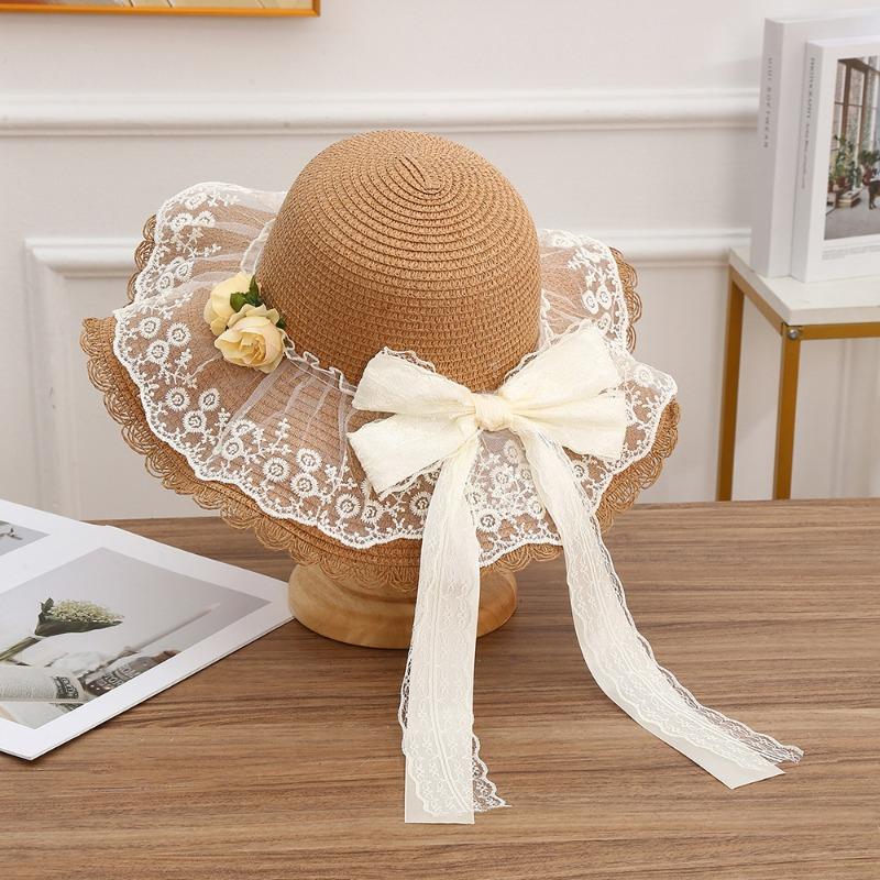 Summer Bow Sun Hat Female, Seaside Beach Vacation Sun Hat Outdoor Big Brim Sun Hat Sweet Straw Hat