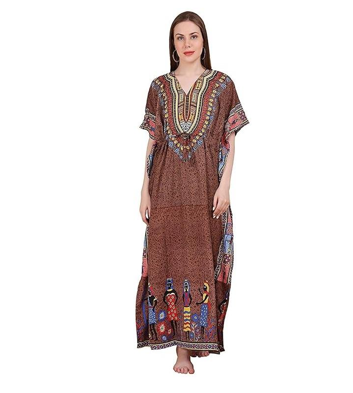 TreegoArt Fashion Women's Polyester Long African Kaftan Caftan Printed Adjustable Boho Dress Nightwear Maxi Gown