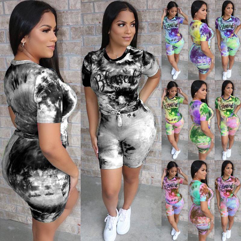 

Женский галстук Краситель Благословенные принтованные спортивные костюмы Комплект с коротким рукавом Рубашка и короткие брюки Две части Костюмы