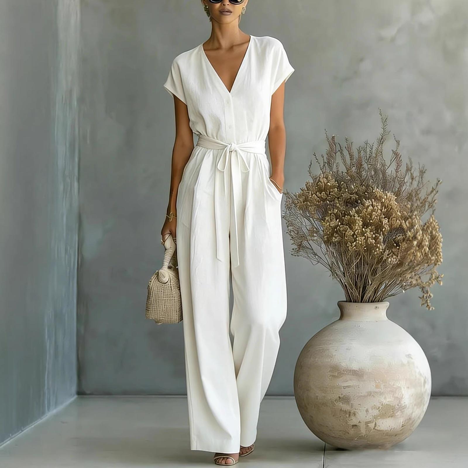 

Women’s Short Sleeve V Neck Jumpsuit with Belted Waist and Wide Leg Design for Casual or Outfits XXL білий