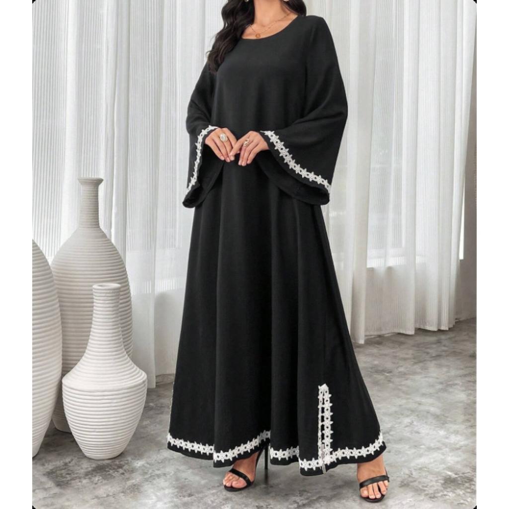 Patchwork White Lace Trim Crew Neck Split Flowy Midi Dress, Popular in Middle East Dubai for Women