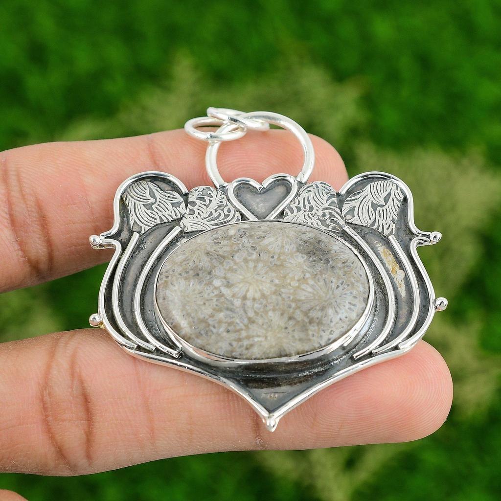 Daughters Day Sale 925 Sterling Silver Root Chakra Fossil Coral Stone Pendant